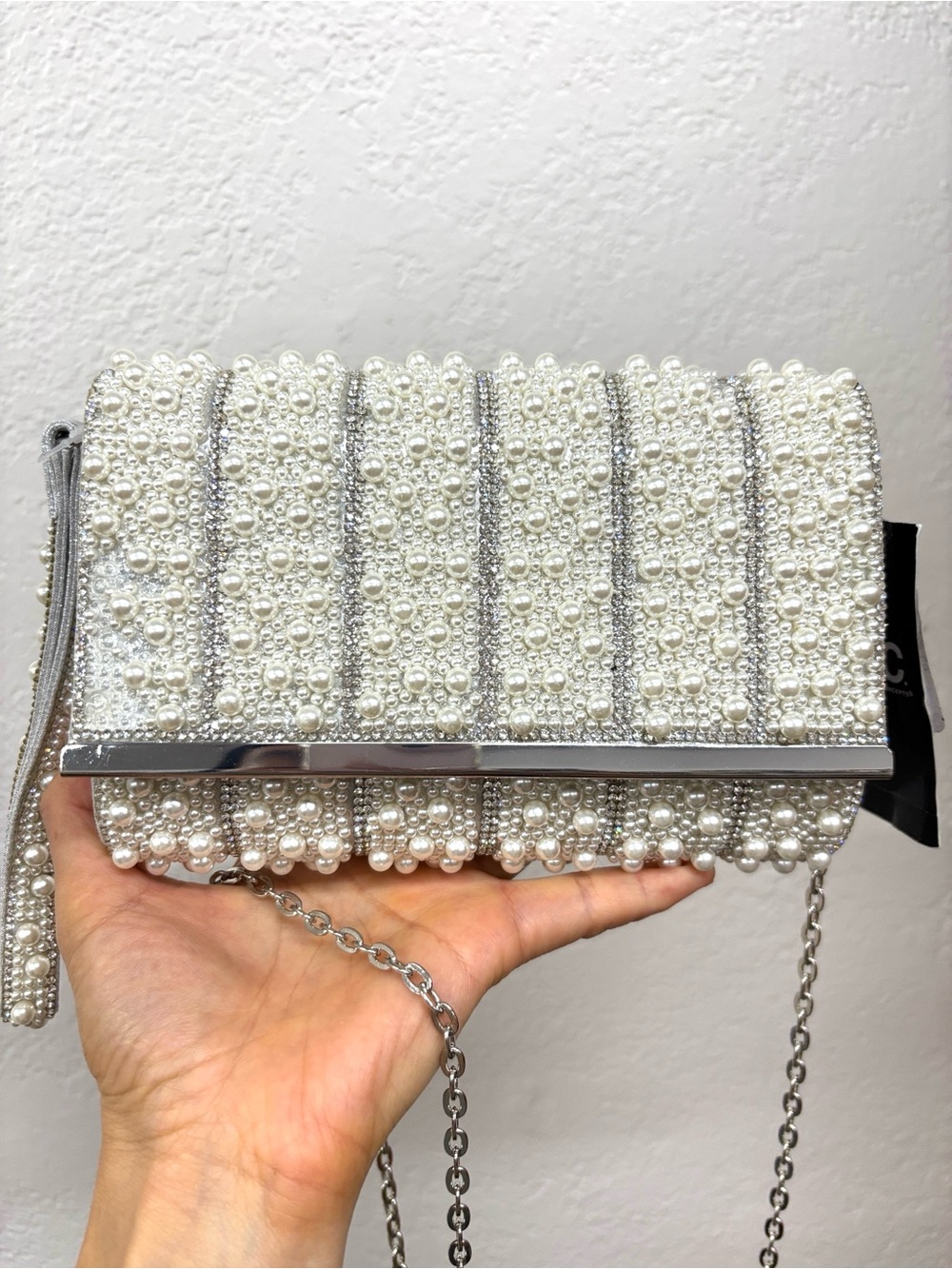 INC International Concepts Pearl-Embellished Clutch - White & Silver